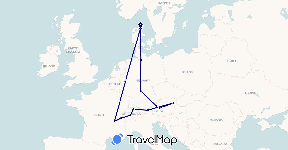 TravelMap itinerary: driving in Austria, Switzerland, Germany, Denmark, France (Europe)